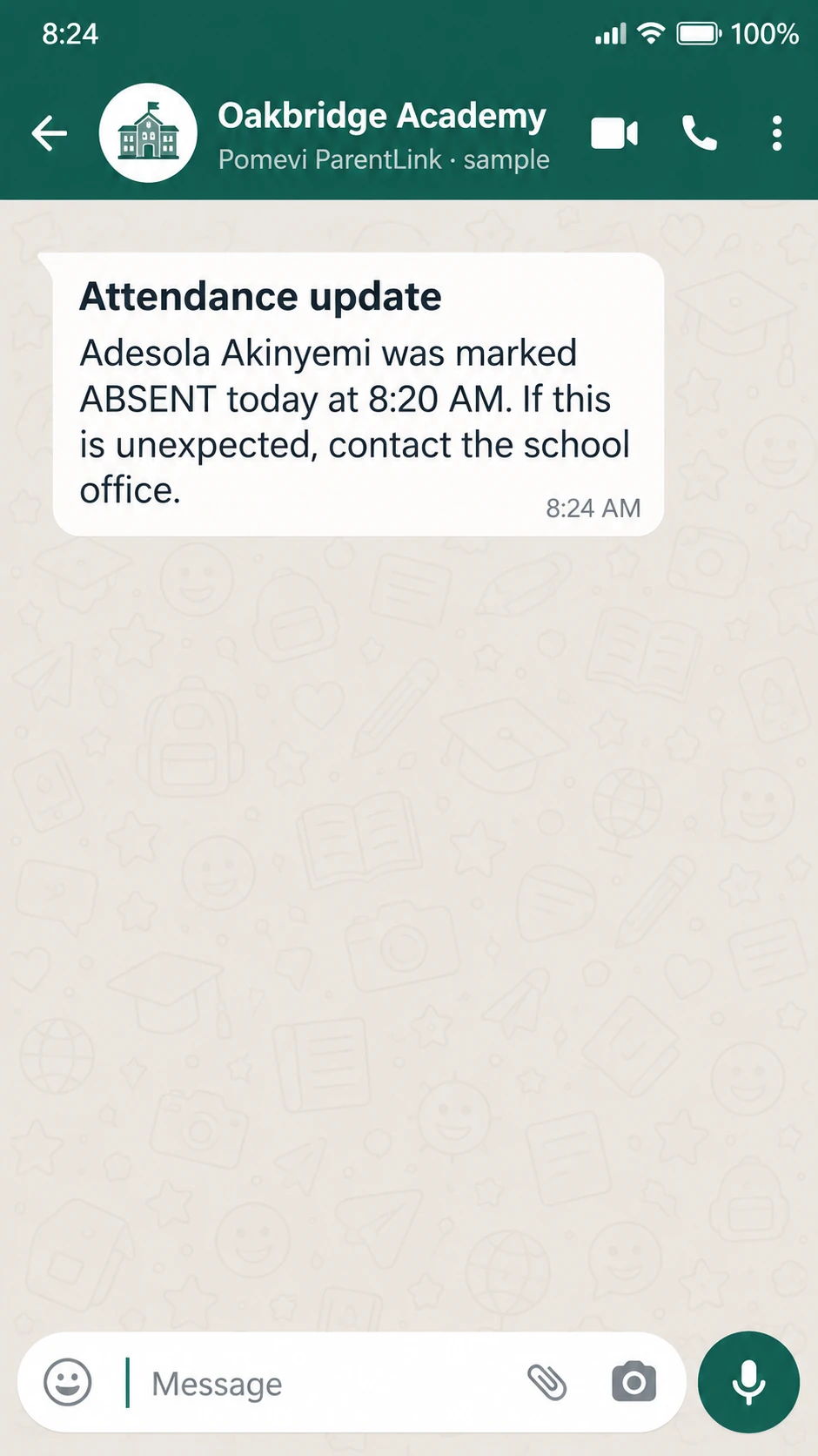 WhatsApp-style school message telling a parent Adesola was marked absent today