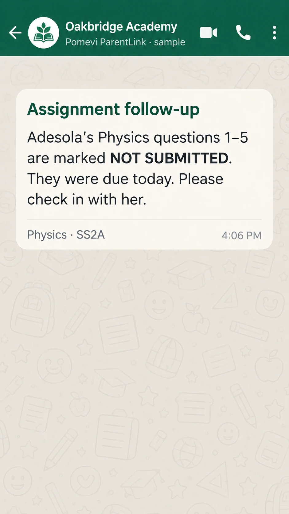 WhatsApp-style reminder that Physics questions were not submitted