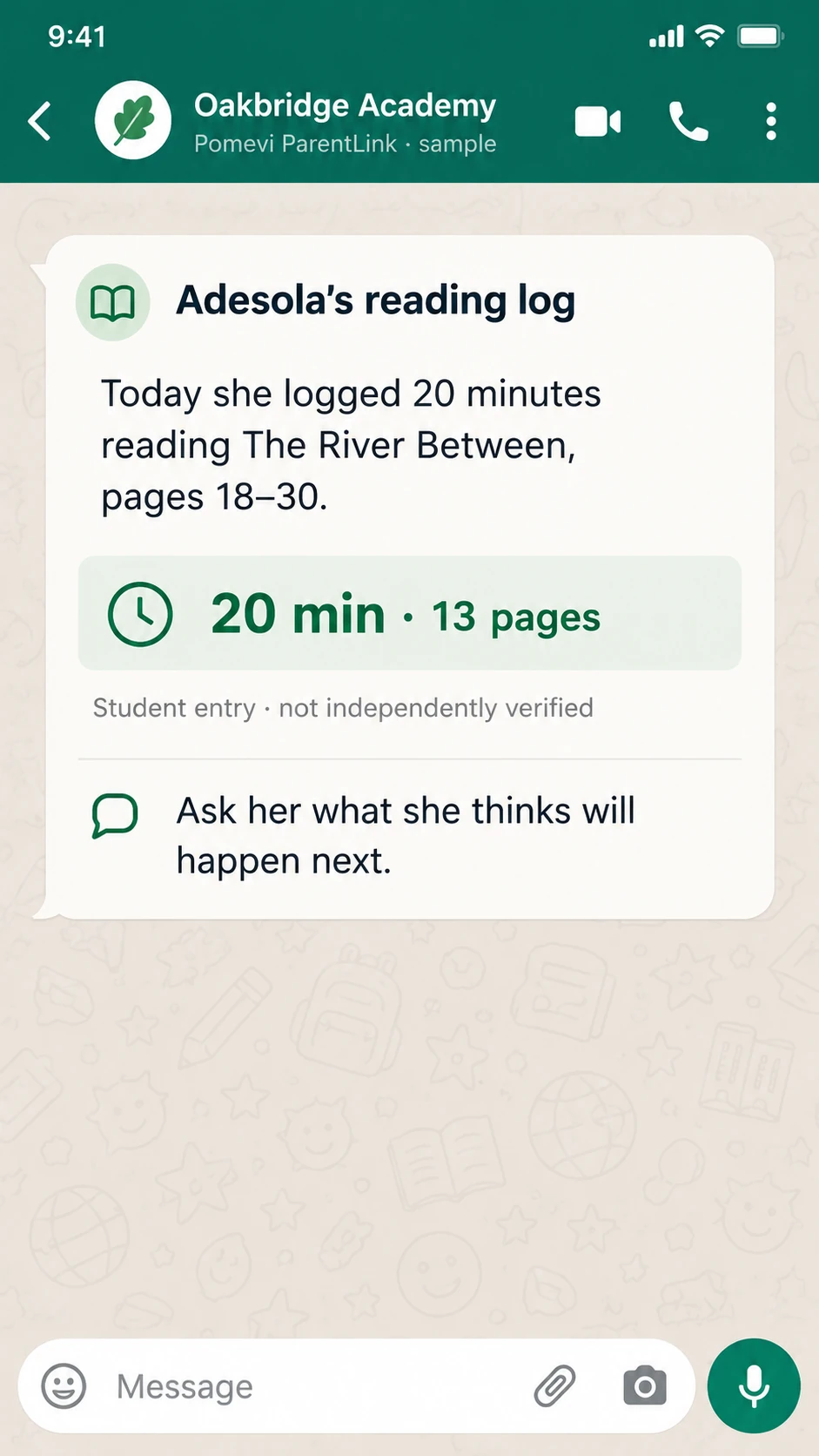 Reading tracker showing a student-reported 20-minute reading session