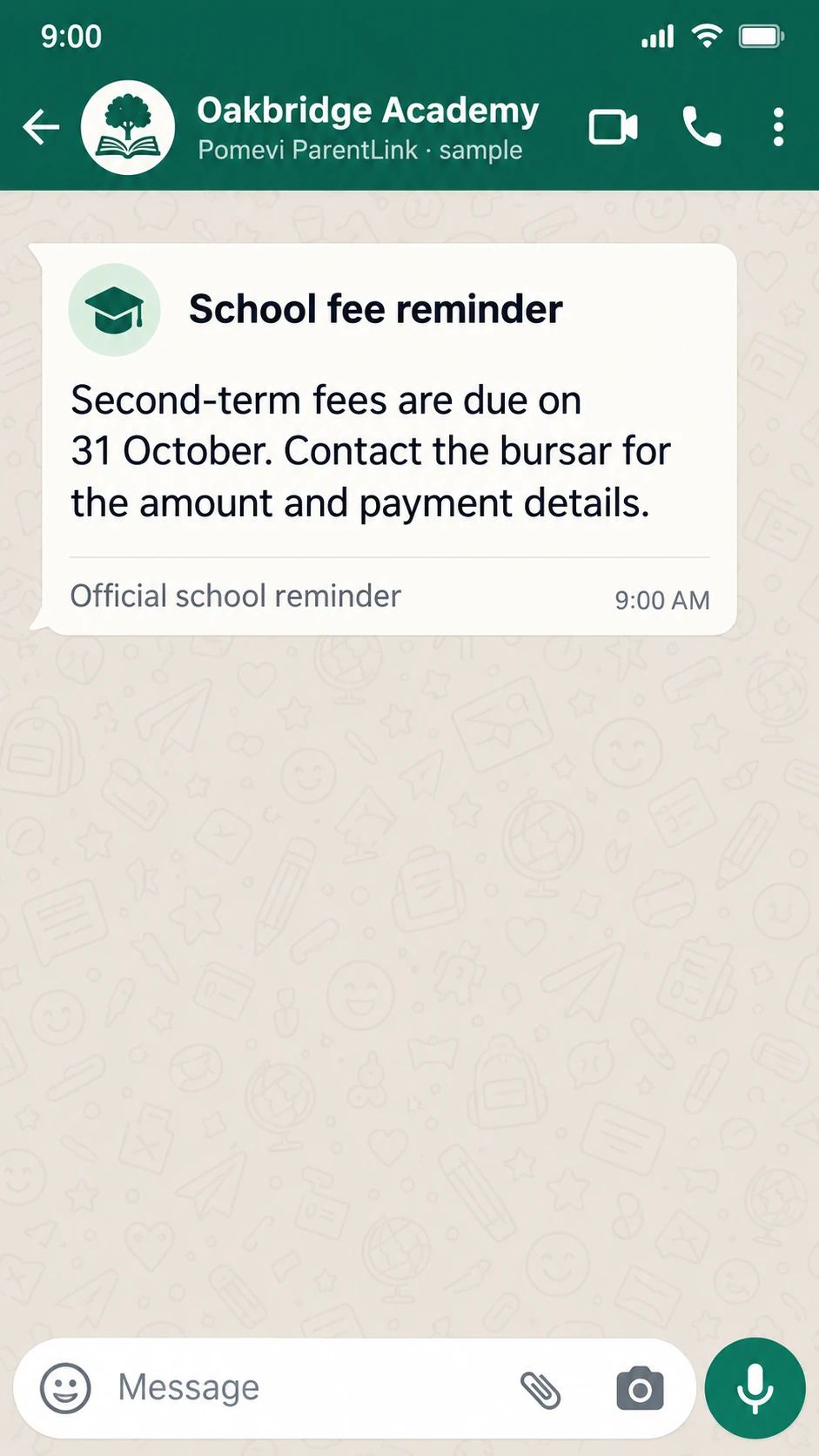 School fee reminder asking the parent to contact the bursar before the due date