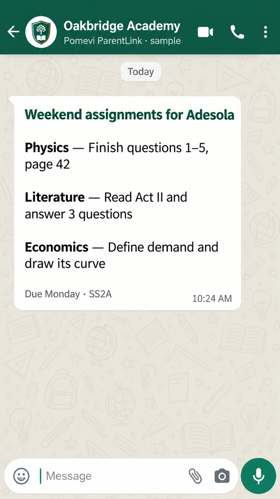 Weekend homework message listing Physics, Literature and Economics assignments